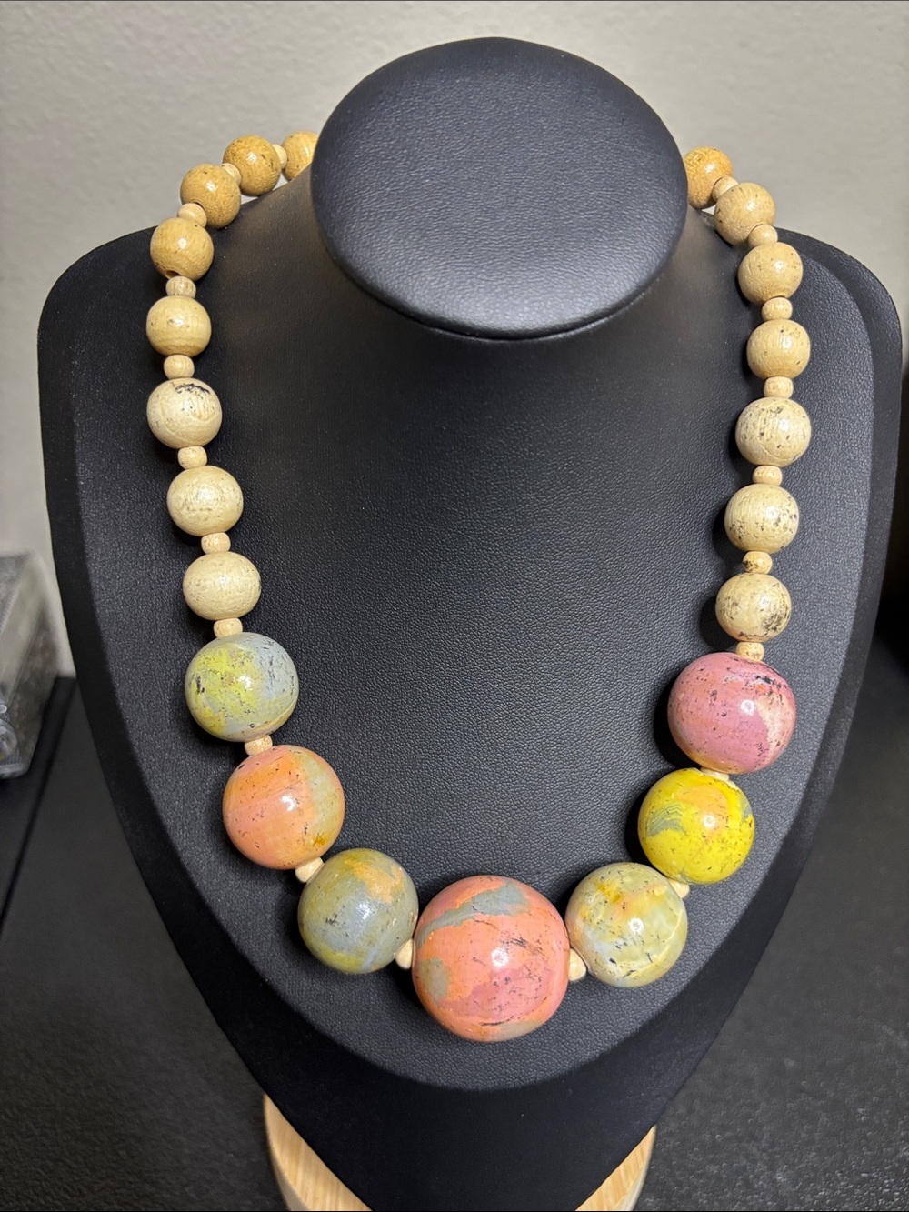 Boho Vintage Multicolor Wood Bead Statement Necklace Beige, Pink & Yellow